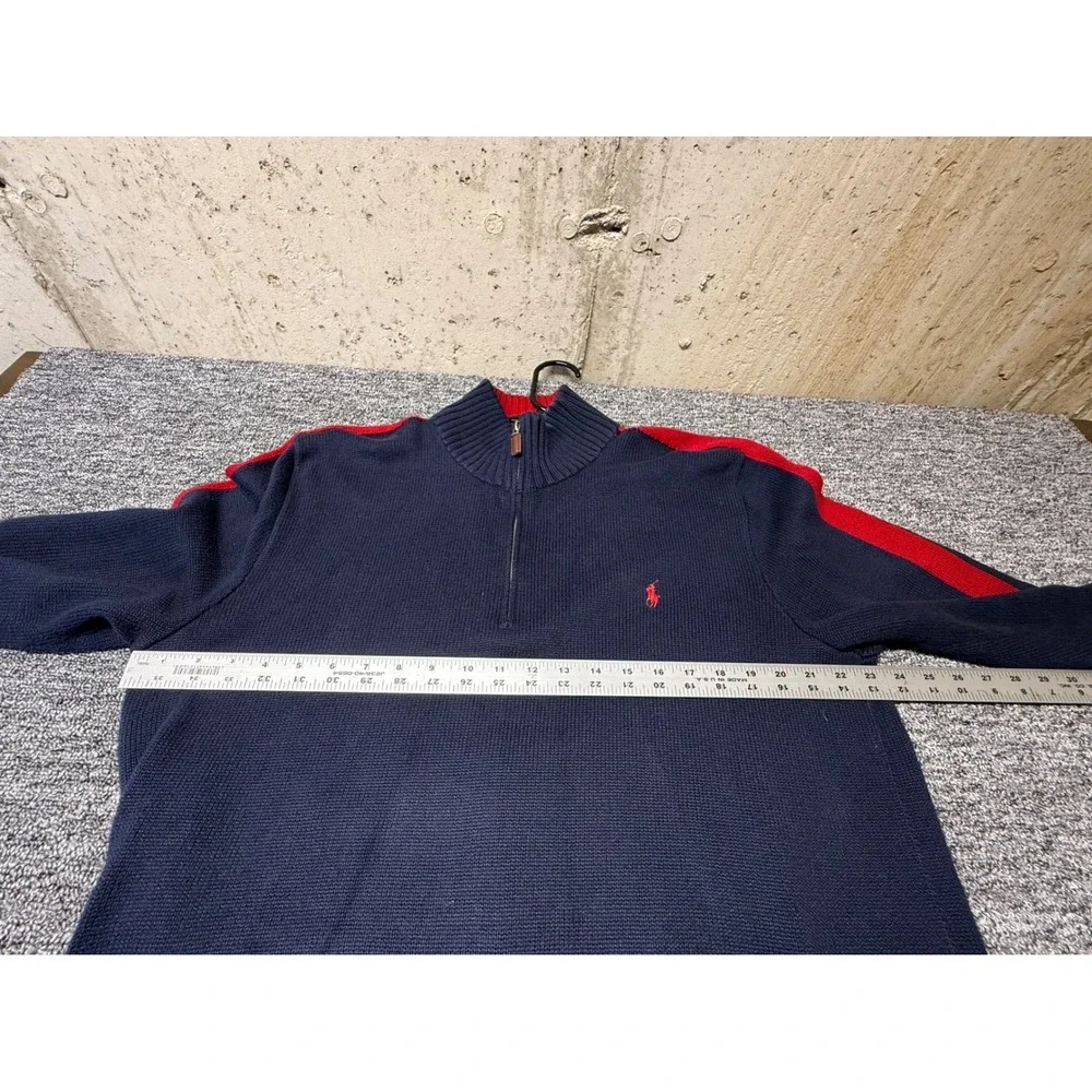 Polo Ralph Lauren Mens XL Navy Blue Red Stripe Quarter Zip Cotton Sweater Logo